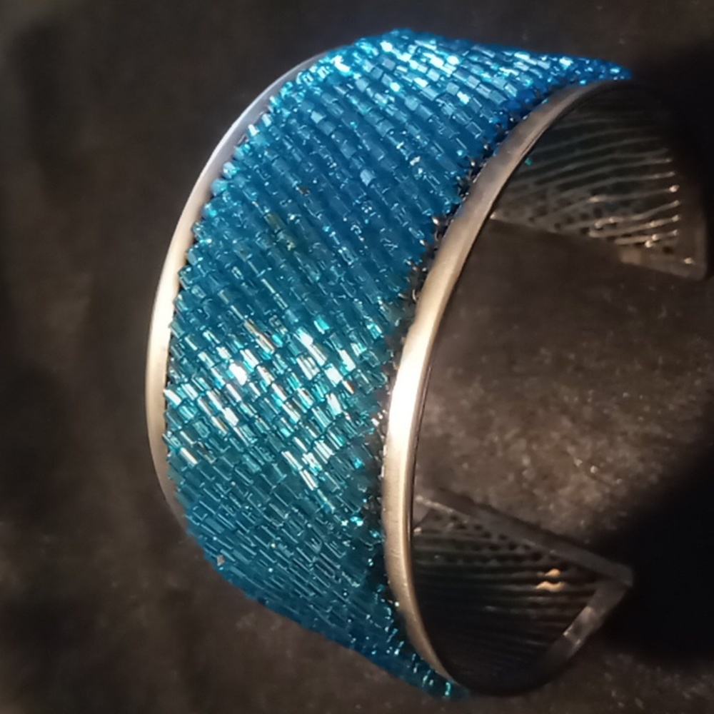 Beaded cuff bracelet blue cuff silver .